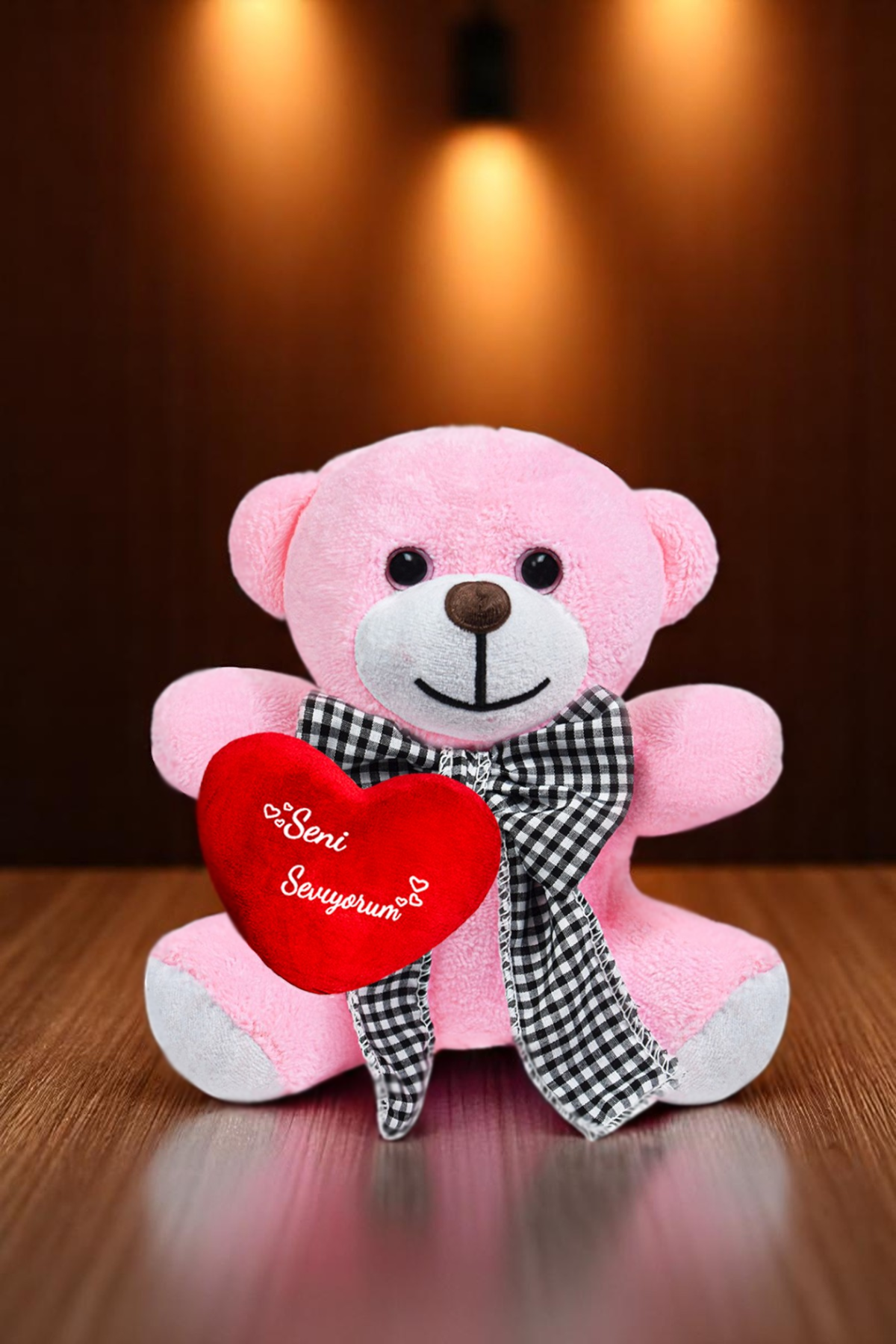 Seni Seviyorum Kalpli Peluş Papyonlu Ayıcık - Sevgiliye Özel Seni seviyorum Yazılı Kalp