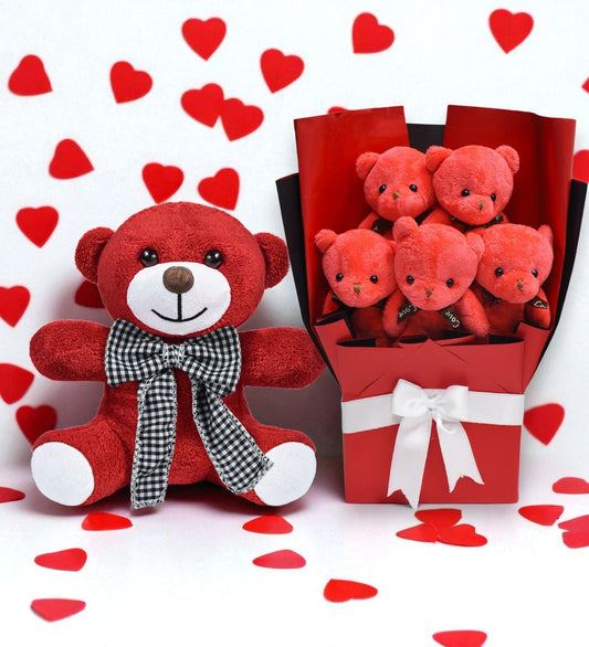 Sevgiliye Özel Peluş Ayıcıklarla Özel Buket ve Papyonlu Ayısıyla Birlikte - Sevgiliye Hediye