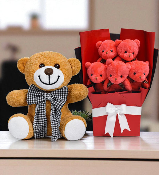 Sevgiliye Özel Peluş Ayıcıklarla Özel Buket ve Papyonlu Ayısıyla Birlikte - Sevgiliye Hediye