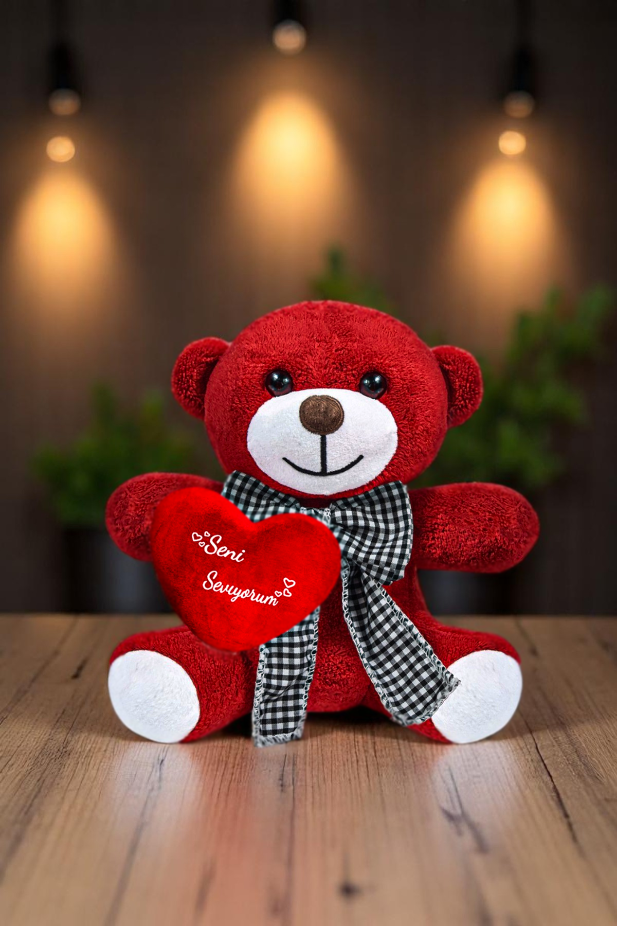 Seni Seviyorum Kalpli Peluş Papyonlu Ayıcık - Sevgiliye Özel Seni seviyorum Yazılı Kalp