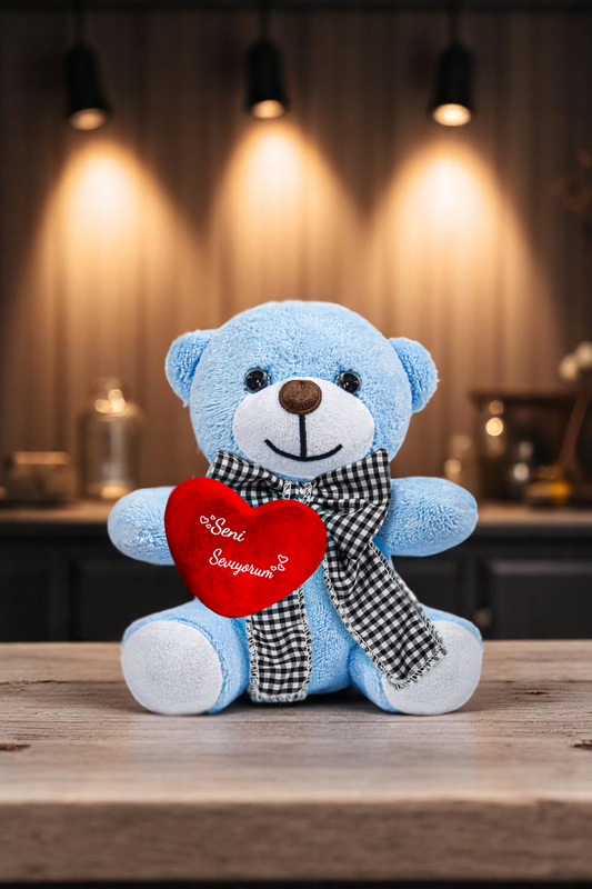 Seni Seviyorum Kalpli Peluş Papyonlu Ayıcık - Sevgiliye Özel Seni seviyorum Yazılı Kalp