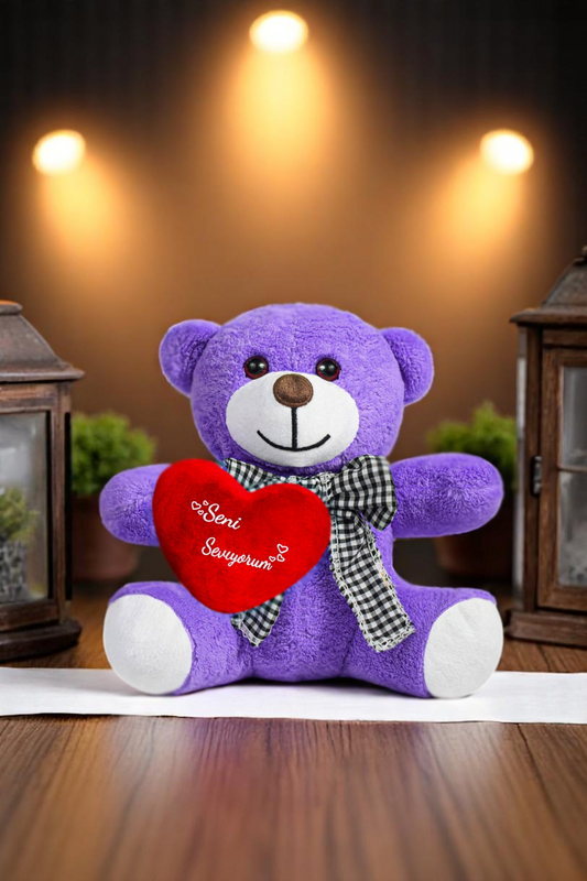 Seni Seviyorum Kalpli Peluş Papyonlu Ayıcık - Sevgiliye Özel Seni seviyorum Yazılı Kalp