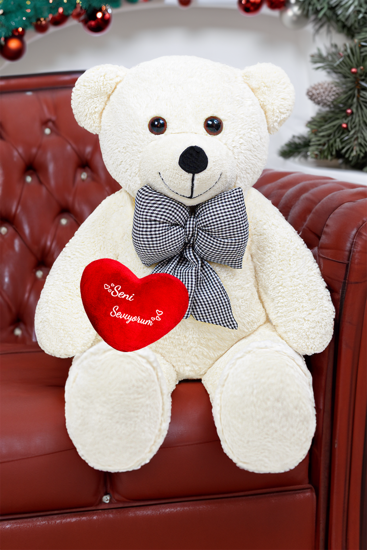 Seni Seviyorum Kalpli Büyük Peluş Ayı - Sevgiliye Özel Hediye - Papyonlu Ayı