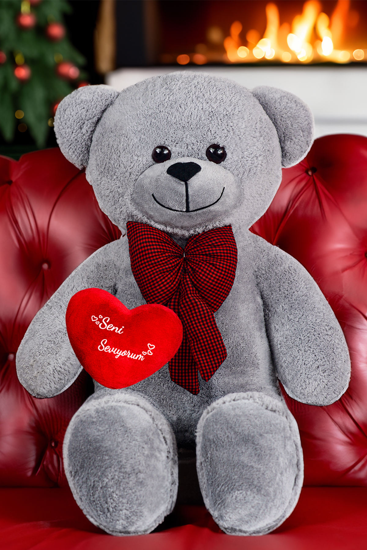 Seni Seviyorum Kalpli Büyük Peluş Ayı - Sevgiliye Özel Hediye - Papyonlu Ayı