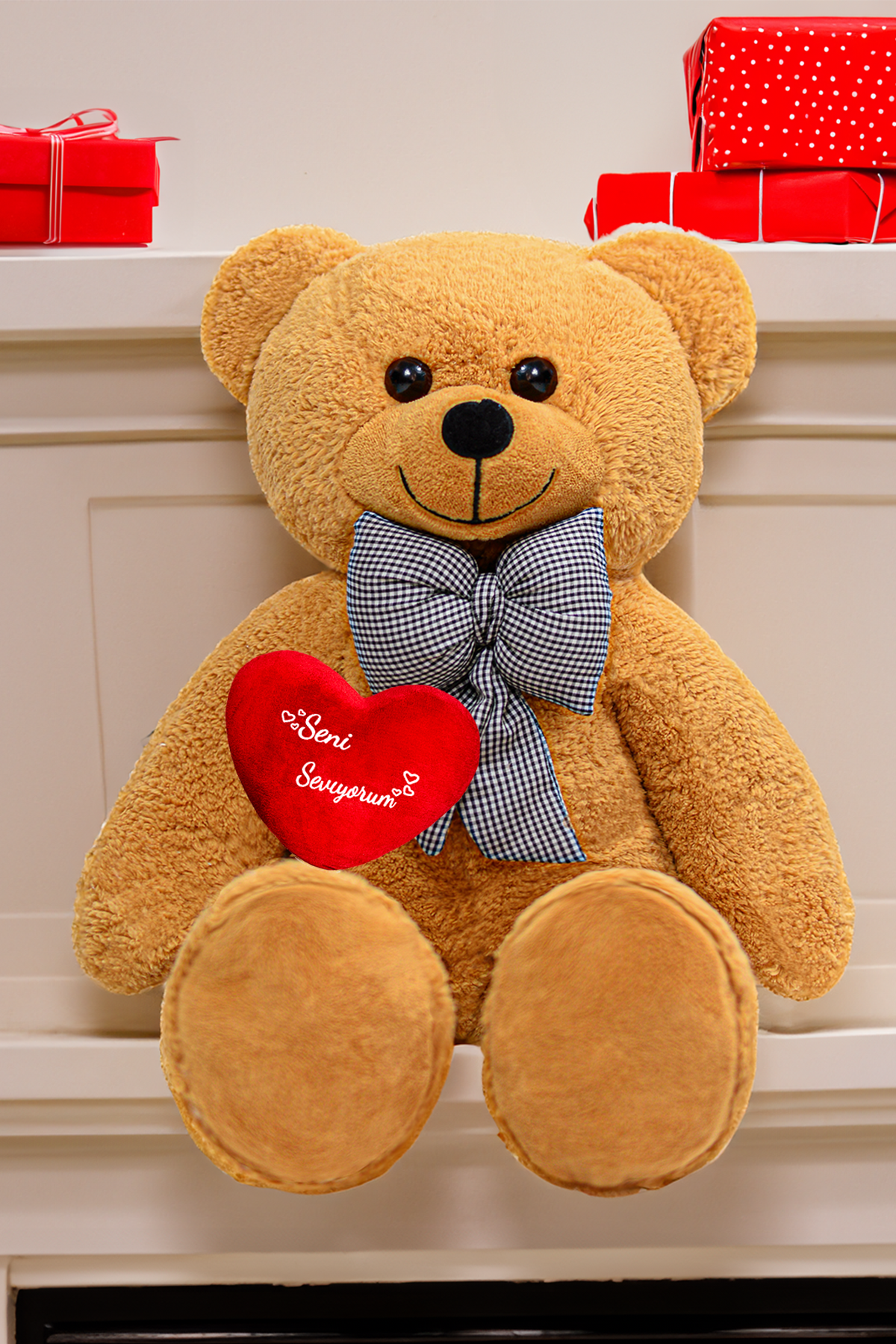 Seni Seviyorum Kalpli Büyük Peluş Ayı - Sevgiliye Özel Hediye - Papyonlu Ayı