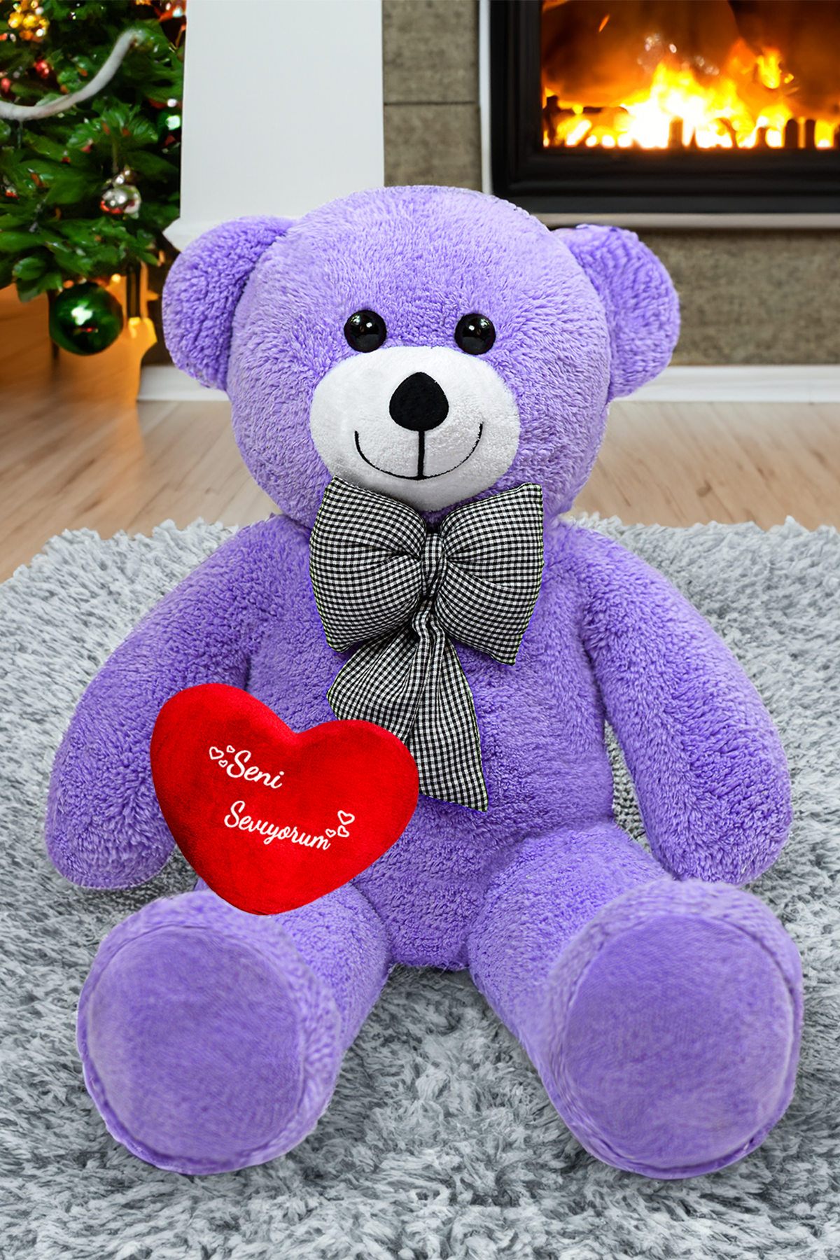 Seni Seviyorum Kalpli Büyük Peluş Ayı - Sevgiliye Özel Hediye - Papyonlu Ayı