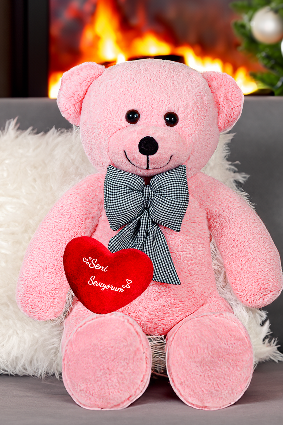 Seni Seviyorum Kalpli Büyük Peluş Ayı - Sevgiliye Özel Hediye - Papyonlu Ayı